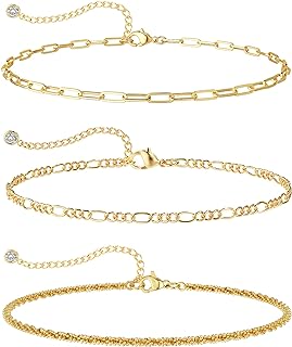 Adjustable 14K Gold Plated Ankle Bracelets Layered Water-Resistant Yellow Gold Copper Anklets for Women - Set of 3