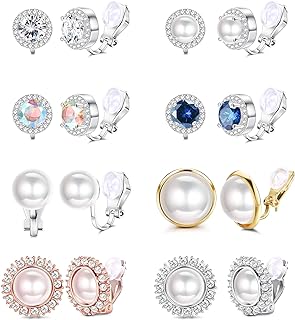 sailimue 8 Pairs Clip Earrings Sets for Women Fashion Cubic Zirconia CZ Crystal Freshwater Pearl Earrings Hypoallergenic Non Pierced Clip on Earrings Jewelry
