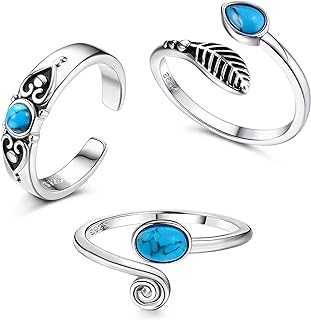 ZELORES 925 Sterling Silver Toe Rings for Women Beach Cubic Zirconia Turquoise Foot Jewelry White Gold Plated Adjustable Open Toe Rings Set