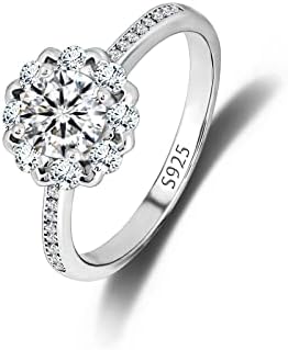 Women Moissanite Flower Engagement Rings: Solid 925 Sterling Silver 1 Carat Halo Wedding Ring for Lady Girl - Gemstone Diamond Dainty Fashion Simple Eternity Promise Jewelry Gift for Her