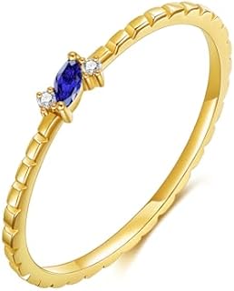 14K Real Gold Marquise-cut Created Sapphire Stacking Ring for Women, Yellow Gold September Birthstone Stackable Ring Three-Stone Engagement Promise Wedding Ring for Her Wife Size 4-12