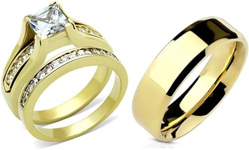 14K Gold Plated Stainless Steel Flat Wedding Ring Set with Princess Cubic Zirconia for Couples in Sleek Design