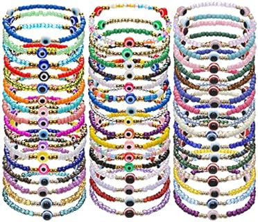 12/24Pcs Beaded Evil Eye Bracelet for Women Handmade Elastic Protection Bracelet Good Luck Nazar Amulet Bangle Lucky Turkish Religious Symbol Jewelry