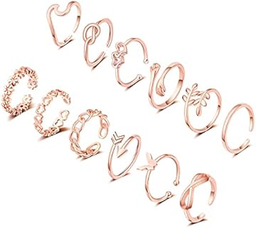 Adjustable Alloy Clasp TOBENY 12PCS Women's Stackable Rose Gold Rings - Unique Chain Design with Diverse Gem Shapes for Chic Style