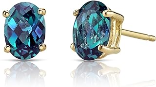 Peora Solid 14K Yellow Gold Created Alexandrite Earrings for Women, Color Change Classic Solitaire Studs, 7x5mm Oval Shape, 2 Carats total, Friction Back
