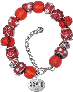 Delight Jewelry Silvertone Marathon with Crystal Roman Numeral - Red Paw Print Bead Bracelet, 7"+2"