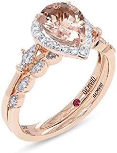 Fleur-de-lis Vintage Style Bridal Set, Pear Cut Natural Morganite 8X6MM Gemstone & Natural Diamond In 18K Solid Gold Engagement Promise Wedding Ring (1.10 Cttw) Valentine's Day Gift For Her
