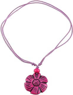 Handcrafted Indian Artisan Fuchsia Floral Pendant Necklace without Clasp for Women - Unique Lightweight Wood Design