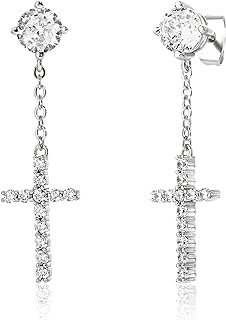 Cubic Zirconia Studded Yellow Gold Cross Dangle Earrings With Push Back, Hypoallergenic Sterling Silver - Elegant Drop Earrings for Men and Women by JINAO