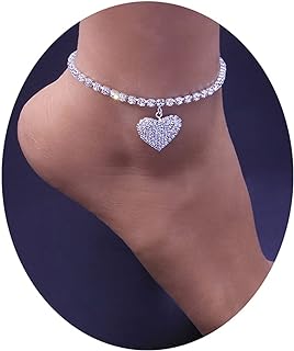 MIFYNN Heart Ankle Bracelets for Women Girls Rhinestone Tennis Chain Love Heart Ankle Silver Foot Chain Crystal Anklet Beach Jewelry Adjustable 21+6cm