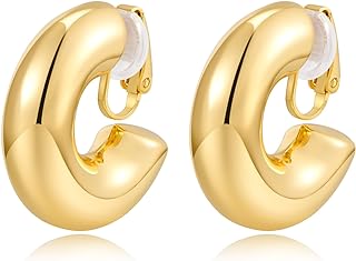 Gold Brass Hoop Clip On Earrings for Non-Pierced Ears with Push Back Clasp, Lightweight and Chunky Design