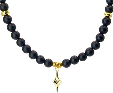 Black Onyx Choker Bead Necklace Crystal Collar | Dainty Star Pendant Cubic Zirconia Stone Vintage Lightweight Celestial Gold Jewelry for Women