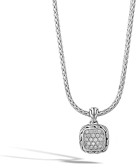 John Hardy Women's Silver Diamond Pave Square Pendant on Chain Necklace, Classic Chain Collection