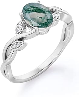 Natural Moss Agate Ring 925 Sterling Silver Green Moss Agate Ring Promise Ring Engagement Wedding Jewelry Gift for Women-Oval