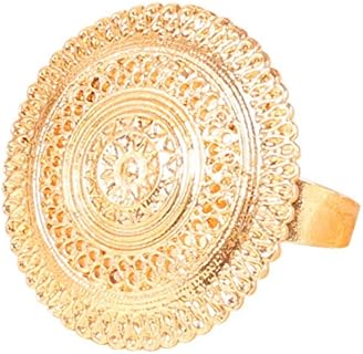 Indian Clasp Adjustable Alloy Wedding Ring with Gold Tone Embossed Fringes for Women, Bollywood-South India Heritage Design