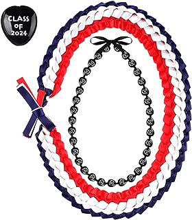 Junkin 2 Pcs Graduation Leis Class of 2024 Kukui Nut Leis Beads Necklaces Handmade Ribbon Leis Braided Necklace Chunky Acrylic Hawaiian Necklace for Graduation Gift