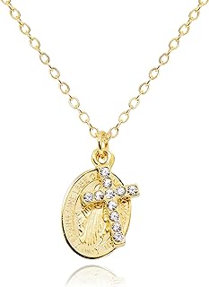 14K Gold Plated Cross and Virgin Mary Necklace for Women Miraculous Medal Stainless Steel Dainty Layered Pendant Jewelry Gifts for Catholic Christian [CN-CX-G]
