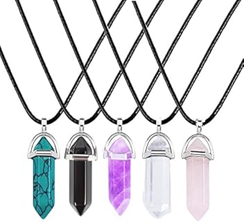 K&Q 5PCS Mutilcolor Gemstone Bullet Shape Healing Pointed Chakra Beads Crystal Quartz Stone Choker Necklace Jewelry with Leather Chain