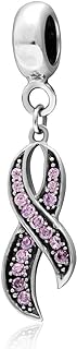 Cubic Zirconia Encrusted, 925 Sterling Silver Breast Cancer Charm Bracelet with Pink Ribbon Dangle Design for Awareness Support