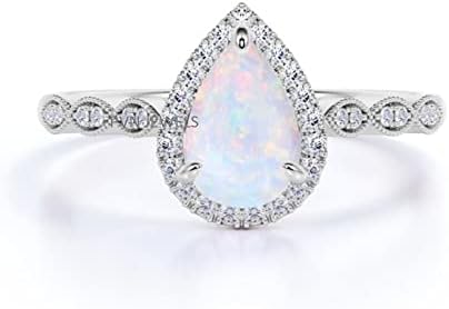 Halo Art Deco Milgrain Pear Shaped Created Opal 925 Sterling Silver Engagement Wedding Ring Set for her Engagement Ring 11