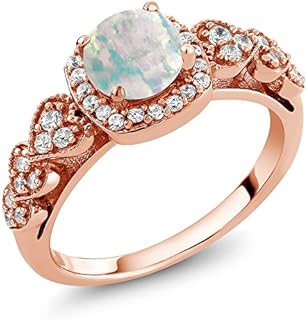 Gem Stone King 18K Rose Gold Plated Sterling Silver White Simulated Opal Engagement Anniversary Ring For Women (0.62 Cttw, Round Cut 6MM, Gemstone Birthstone, Available In Size 5, 6, 7, 8, 9)