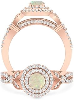 Inspereza 0.66 Carat 10K Gold Opal and Diamond Double Halo Enagagement Ring for Women (H-I Color, I2-I3 Clarity) - Ideal Engagement Ring
