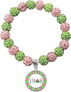 Greek Sorority Paraphernalia Gifts Sorority Bracelet Leaf Pendant Jewelry Pink and Green Bead Bracelet for Women (Round Charm)