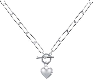 Toggle Clasp Heart Pendant Necklace for Women, Silver Paperclip Link Design, Zinc Alloy