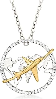Ross-Simons 0.15 ct. t.w. Diamond Airplane and Globe Pendant Necklace in 2-Tone Sterling Silver