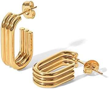 Stainless Steel 18K Gold Plated Triple Oval Hoop Earrings with Push Back for Women, No Gemstone, Timeless Design
