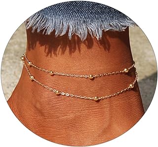 VOPIPO 18K Gold Plated Stainless Steel Herringbone & Beaded Chain Anklets with Lobster Claw Clasp for Women, Perfect Summer Jewelry Gift, USA Origin