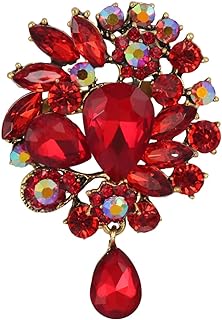 Stunning Ruby Brooch with Sparkling Crystal Water Drop Flower Bouquet Design & Secure Pin Clasp - Ideal Wedding Party Accessory for Women & Girls