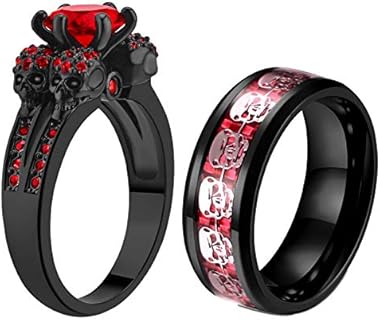 His and Hers Cubic Zirconia Embellished Skull Wedding Rings for Couples