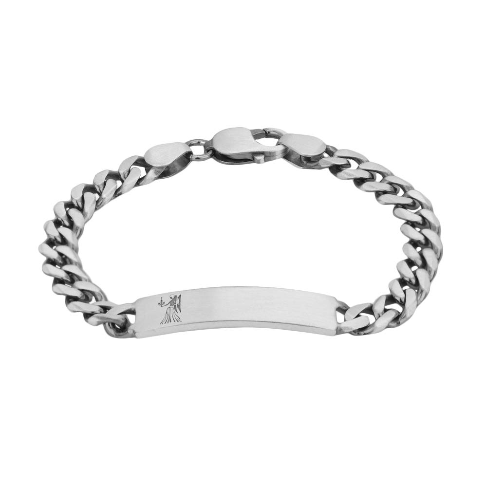 Sterling Silver Jewelry Engravable Horoscope ID Bracelets in Classic Curb Chain with Oxidized Finish for Men and Women