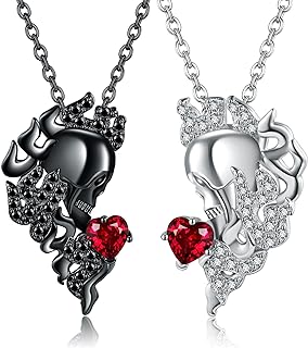 Sterling Silver Couple Necklace with Cable Chain and Zircon Heart-Shaped Angel & Devil Skulls - Perfect Valentine's Day Matching Jewelry Gift for Him & Her