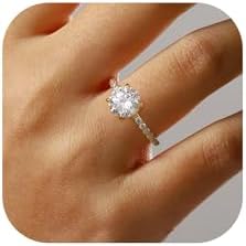 SMILEST 2ct Round Solitaire Cubic Zirconia Engagement Rings, 14K White Yellow Gold Plated Solid 925 Sterling Silver Cubic Zirconia Rings 4 Claw Side Stone Engagement Rings for Women Hidden Halo Rings