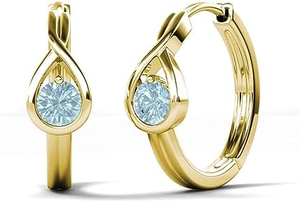 Round Aquamarine 0.40 ctw (4.00 mm) Infinity Solitaire Women Bezel set Hoop Earrings in 14K Gold
