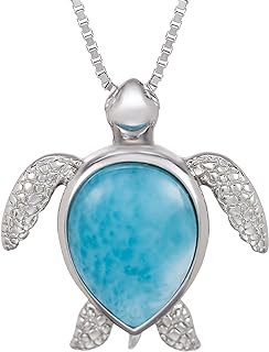 Sterling Silver Natural Larimar Turtle Necklace Pendant with 18" Box Chain