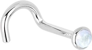 14k White Gold Moonstone Nose Ring with Screw Back Design for Right Nostril, Handmade in USA - Elegant Everyday Accessory