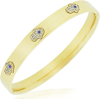 Snap Clasp Cubic Zirconia Hamsa Bangle Bracelet for Women, Stainless Steel, Good Luck Design
