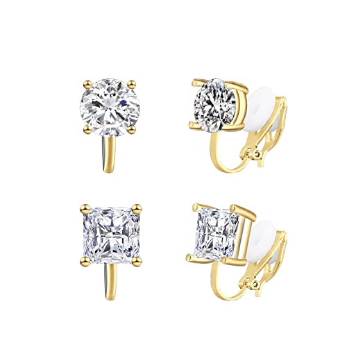 YOQUCOL 2 Pairs 8MM Cubic Zirconia Crystal Clip On Stud Earrings Non Pierced Stud Earrings For Women Girls