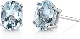 Peora 14K White Gold Aquamarine Earrings for Women, Genuine Gemstone Birthstone Classic Solitaire Studs, 7x5mm Oval Shape, 1.25 Carats total, Friction Back