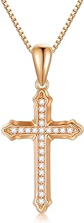 SISGEM 14k Rose Gold Diamond Cross Pendant and Box Chain Necklace for Women, 14kt Gold Religious Jewelry Gifts for Her, 16-18 Inch