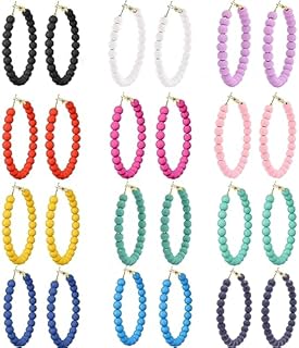 CASDAN 12 Pairs Beaded Hoop Earrings for Women Bohemian Circle Round Bead Earrings Colorful Vintage Acrylic Beads Dangle Earrings