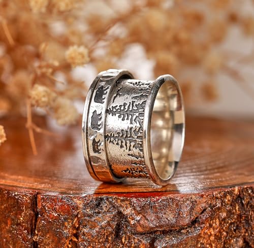 925 Sterling Silver Spinner Fidget Rings for Women Tree of Life/Celtic Tree/Deer & Pine/Bear & Pine Anxiety Relief Rings Wide Ring Bands Statement Jewelry for Women Size 6-10