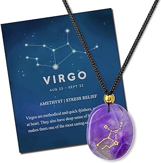 Virgo Amethyst Zodiac Pendant Necklace with Rope Chain & Box Clasp - Stainless Steel Unisex Healing Crystal - Perfect for September Birthdays, Christmas & Best Friends Gifts
