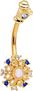 14G Women's White Synthetic Opal Navel Ring by Body Candy - PVD Steel Belly Button Piercing with Key Design, Stainless Steel Barbell & Created-Opal Gem Accent
