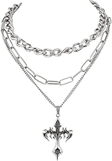 Black Beaded Sacina Gothic Cross Necklace with Layered Stainless Steel Chains for Women - Goth/Grunge Design