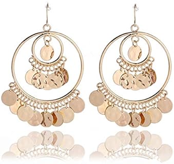 Bohemian Alloy Dangle Hoop Earrings with French Wire Back, Coin Sequins & Gypsy Beads Design for Women - Chandelier-Inspired Shape