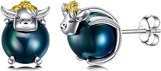 Cute Animal Stud Earrings for Girl Women White Gold S925 Sterling Silver Real Black Pearl Cat/Cow Earring Birthday Jewelry Gift for Wife Daughter Girlfriend